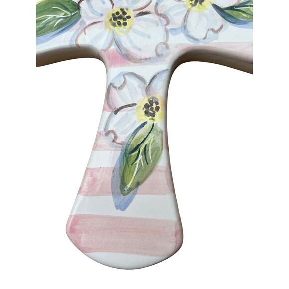 CERAMIC CROSS with Dogwood Blossoms & Pink Stripes/Wall Art Ready to Hang - Picture 2 of 10